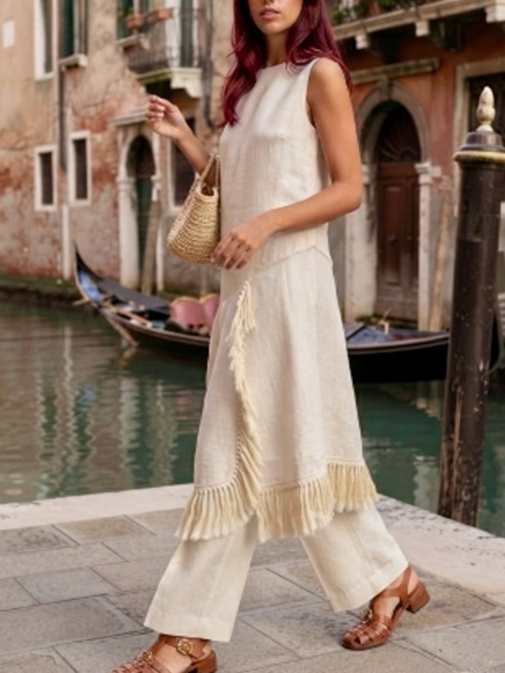 Zara NWT 100% linen white & cream Fringe hem Midi tunic Dress - Picture 8 of 16